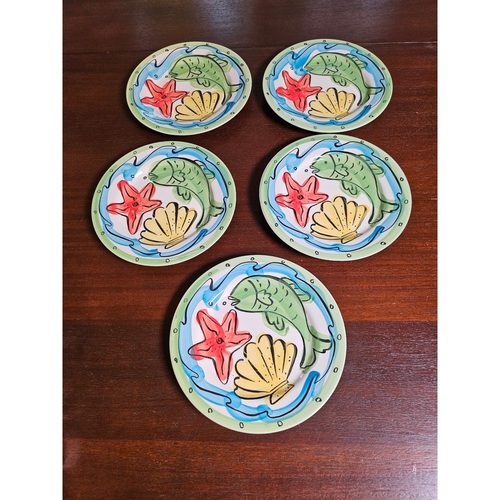 Sango Key West Salad Plates Set of 5 Green Red Nautical Fish Starfish 8in